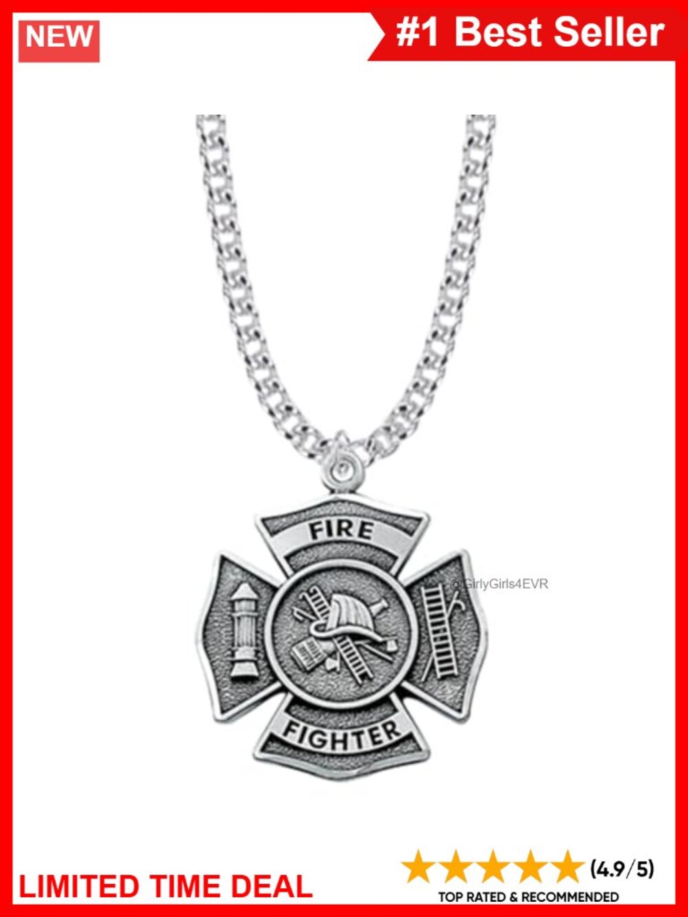 Sterling Silver Firefighter Shield Cross Pendant Necklace 24 Inch Chain 1 Inch